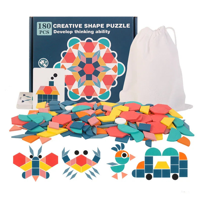 180-Piece Montessori Wooden 3D Geometric Shape Puzzle | Early Education Toy for Kids Aged 3-12