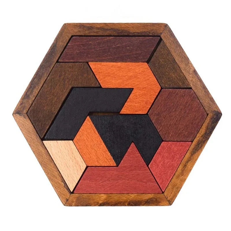 Hexagonal Alien Chess Tangram Puzzle | 11-Piece Wooden Brainstorming Toy for Kids and Adults | Fun Jigsaw Challenge