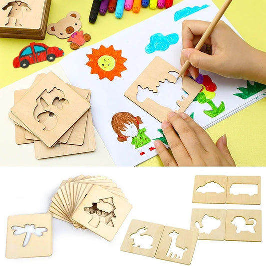 20-Piece Montessori Wooden Drawing Stencils – Educational Craft Toys for Creative Learning