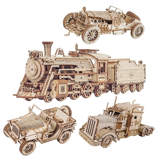 Get Up to 25% Off on 3D Puzzle Movable Steam Train, Car, Jeep Assembly Toy – Perfect Gift for Children and Adults! Wooden Model Building Block Kits!