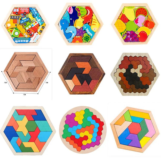 Hexagonal Alien Chess Tangram Puzzle | 11-Piece Wooden Brainstorming Toy for Kids and Adults | Fun Jigsaw Challenge